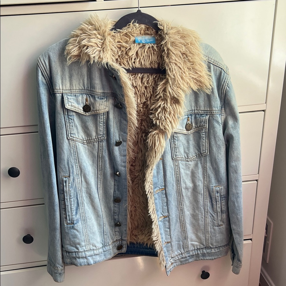 Show Me Your MuMu Light Blue Denim Jacket with Faux Fur lining XS